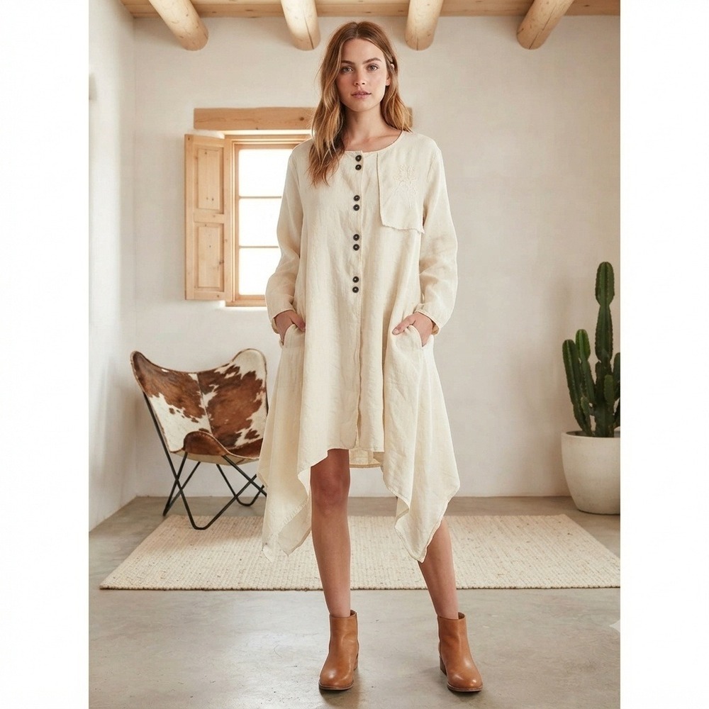 Cheyenne Dress Womens 2X Cream 100% Linen Handkerchief Hem Button Front Tunic